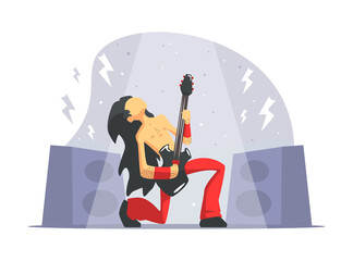 Wall Mural - Rock Musician, Brutal Man Playing Guitar, Rock Band Member Character Cartoon Vector Illustration