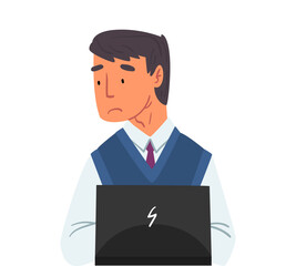 Sticker - Businessman Sitting in front of Computer, Stressed Male Office Manager Working with Laptop Vector Illustration Isolated on White Background