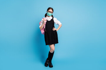 Poster - Full length photo of attractive college student girl hold backpack ready learn academic lecture lesson wear medical mask white blouse black skirt overall isolated over blue color background