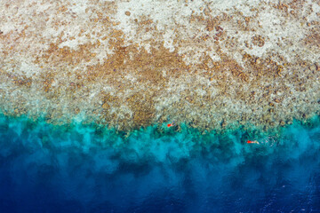 Cropped top above high angle aerial drone view of pure blue ocean water washing mountain rock stone two people diving exploring coral reef luxurious destination tour tourism egypt turkey