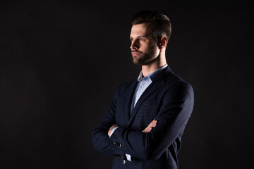 Canvas Print - Profile side view portrait of his he nice attractive content elegant well-dressed guy successful skilled shark agent broker financier specialist folded arms isolated on dark black color background