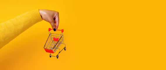 Wall Mural - shopping cart in hand over yellow background, panoramic mock up image