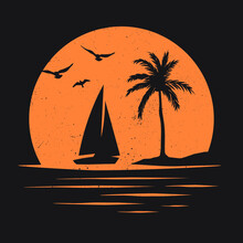 T-shirt Vector With Yacht And Beach