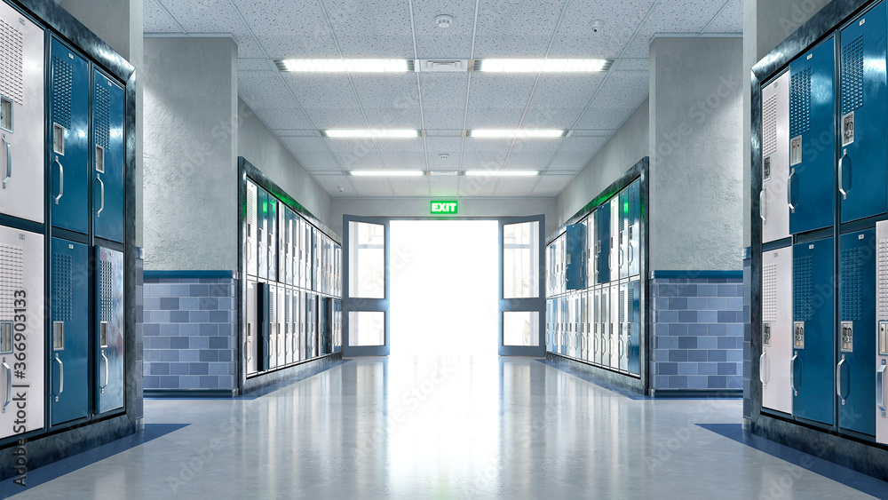 School corridor with exit door. 3d illustration - obrazy, fototapety, plakaty 