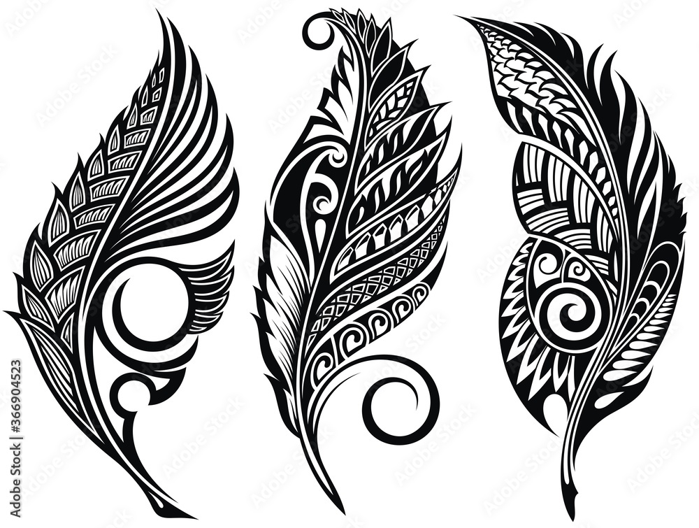 Vector Peerless Decorative Feathers, Tribal design, Tattoo - obrazy, fototapety, plakaty 