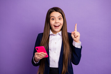 Sticker - Portrait of her she nice brainy small little cheerful cheery long-haired creative girl using gadget got great idea solution isolated bright vivid shine vibrant lilac violet color background