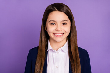 Close-up portrait of her she nice attractive lovely pretty content cute cheerful long-haired schoolchild learner knowledgeable nerd isolated on violet lilac purple pastel color background