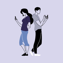 Canvas Print - couple of people using smartphones, man and woman with mobile devices