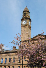 Wall Mural - Tower & Clock on Classical Stone Public Building against Blue Sky 