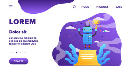 Wall Mural - robot winning golden cup. award, celebration, cyborg flat vector illustration. technology and contes