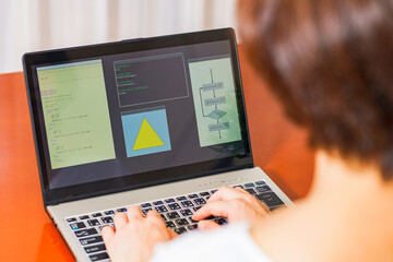 japanese senior woman engineer debugging source code on remote work