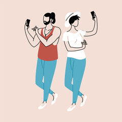 Canvas Print - couple of people using smartphones, man and woman with mobile devices