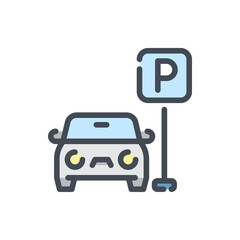 Fototapete - Car with Parking Road Sign color line icon. Vehicle with Street Sign vector outline colorful sign.