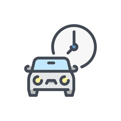 Poster - Car Rental and Parking Times color line icon. Car with Clock vector outline colorful sign.