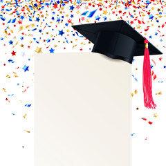 Poster - Graduate Cap and  Diploma with Multicolored Confetti