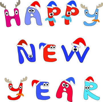 Children's new year font. Colorful bright charismatic cartoon letters. Latin script. Happy New Year in English. Antlers, scarves, Santa hats. Funny eyes