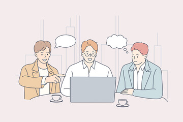 Poster - teamwork, coworking, business, analysis, meeting concept. team businessmen cartoon characters clerks