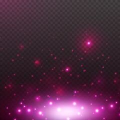 Wall Mural - Pink glitter texture and white glowing lights effect. Vector sparks isolated on purple magic transparent background for greeting card design