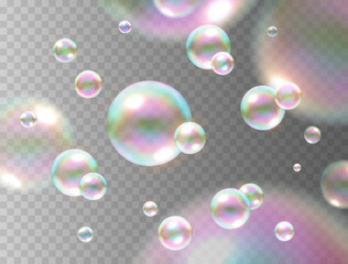 Poster - Soap bubble with rainbow colors isolated on transparent background. Realistic vector water foam elements. Colorful iridescent balls or spheres template