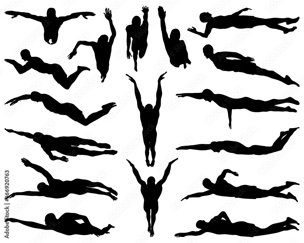 Black silhouettes of swimmers on a white background - obrazy, fototapety, plakaty 