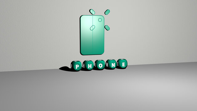 3D illustration of phone graphics and text made by metallic dice letters for the related meanings of the concept and presentations. mobile and business