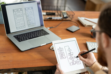 Wall Mural - Over shoulder view of man using digital tablet and stylus and drawing scheme for ui design
