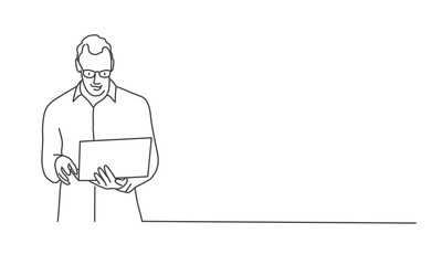 Poster - Line drawing vector illustration of man with glasses using laptop.