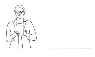 Sticker - Line drawing vector illustration of man with glasses using tablet.