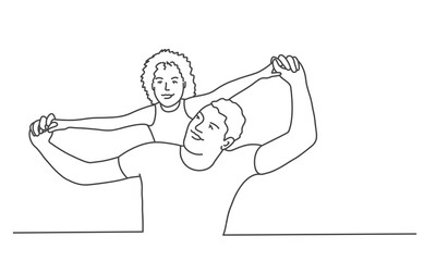Wall Mural - Dad with daughter on his shoulders. Line drawing vector illustration.