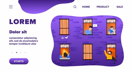 Wall Mural - Apartment open windows with friendly neighbors flat vector illustration. Young people living in one building, man with cat talking with other guy. Lifestyle and friendship concept