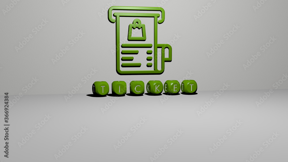3D illustration of TICKET graphics and text made by metallic dice ...