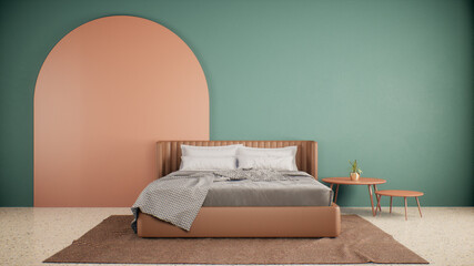 Wall Mural - minimal interior of green bedroom with brown double bed, 3D rendering