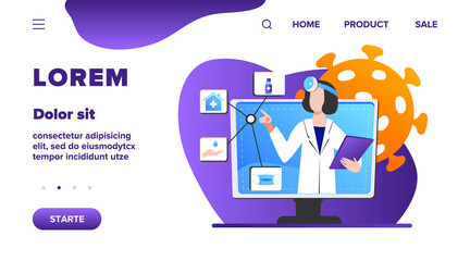 Physician giving recommendation for quarantine. Coronavirus, pandemic, mask flat vector illustration. Medicine and healthcare concept for banner, website design or landing web page