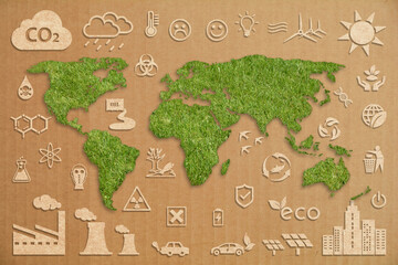 Green grass World Map on cardboard backdrop with ecology icons.  Ecology concept background.