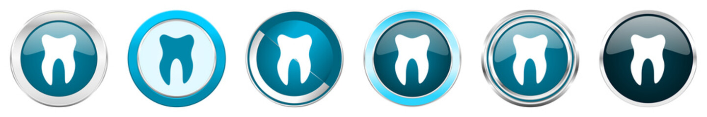 Aufkleber - Tooth silver metallic chrome border icons in 6 options, set of web blue round buttons isolated on white background