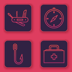 Canvas Print - Set line Swiss army knife, Fishing hook, Compass and First aid kit. Blue square button. Vector.