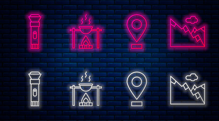 Sticker - Set line Campfire and pot, Location, Flashlight and Mountains. Glowing neon icon on brick wall. Vector.