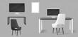 © klyaksun - Desk, monitor, chairs and blank picture frame isolated on transparent background. Vector realistic set of modern furniture, table, chair and computer screen for workplace in office or home