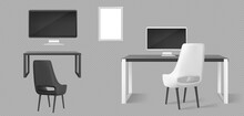 Desk, Monitor, Chairs And Blank Picture Frame Isolated On Transparent Background. Vector Realistic Set Of Modern Furniture, Table, Chair And Computer Screen For Workplace In Office Or Home