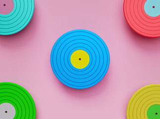 Poster - cartoon style minimal Vinyl records music background. 3d rendering