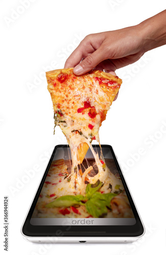 Order and food delivery from your smartphone. Tasty pizza with cheese from smartphone © Serge Touch
