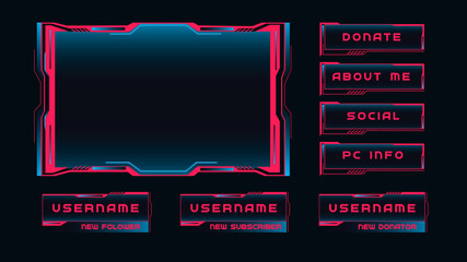 Streaming interface windows. Red frames with control panels broadcast of online games presentation and review of cyber players futuristic vector dark background.