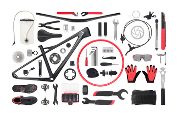 Flat lay of bicycle components, tools and equipment isolated on white background.