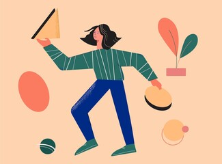 Poster - Designer creates memphis ornament illustration. Hipster character makes fashionable picture out of circles and triangles abstract geometric shape graphic vase with leaves colorful vector art lines.