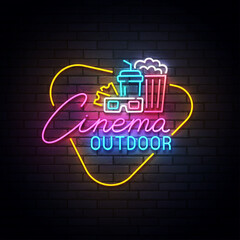 Wall Mural - Outdoor cinema neon sign, drive-in movie theater with cars on open air parking logo neon, emblem. Vector illustration