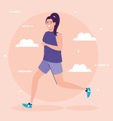 Sticker - woman running, woman in sportswear jogging, female athlete vector illustration design