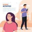 © Gstudio - banner, couple performing leisure outdoor activities, couple using smartphone device vector illustration design