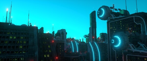 Neon evening scene. Roofs of futuristic buildings against the backdrop of a turquoise sunset sky. Cyberpunk industrial wallpaper. Urban future. 3D illustration.