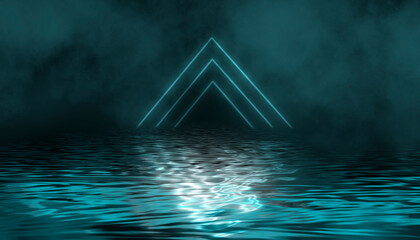 dramatic dark background. reflection of light on the water. smoke fog. light neon effect, energy wav