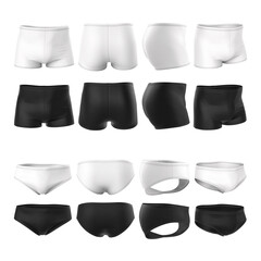 Wall Mural - Set of different types of men's underwear, swimming trunks. 3d illustration of black and white color. Mock up, blank template for design presentation. Front, back, side view.